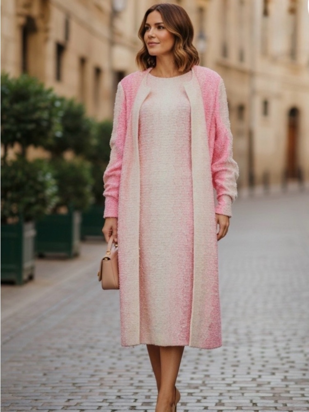 St. John Long Jacket Coat Cardigan Luxury Wool Blend Pink Cream Ombré Design 16